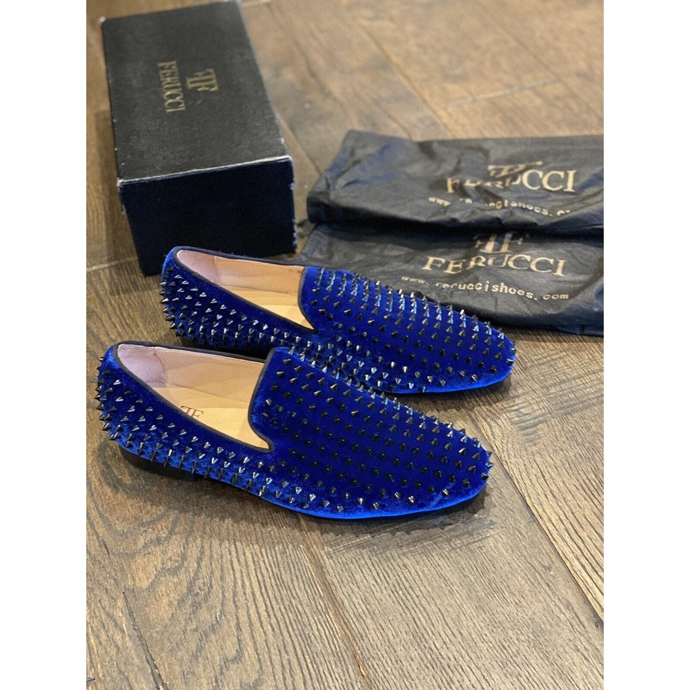 Men FERUCCI Blue Velvet Slippers Loafers Flat with Black Spikes size US 10